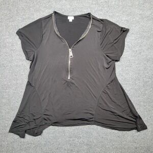 Avenue Shirt Womens 18/20‎ Black Zip Neck Short Sleeve Flared Hem Stretch Top
